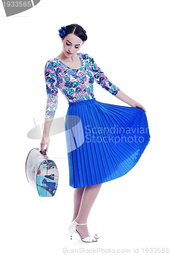 Image of pinup retro  woman with travel bag isolated