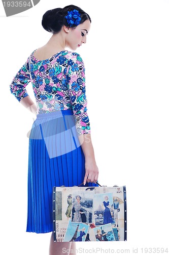 Image of pinup retro  woman with travel bag isolated
