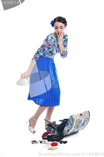 Image of pinup retro  woman with travel bag isolated