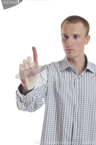 Image of handsome young business man touching screen isolated