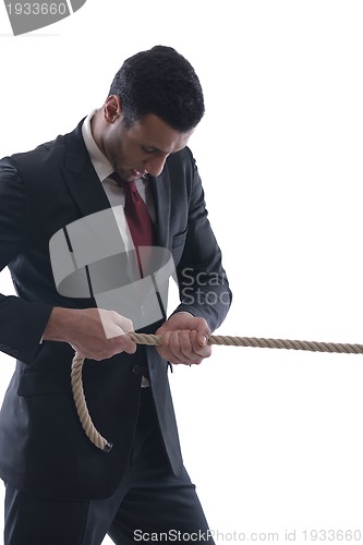Image of business man with rope isolated on white background