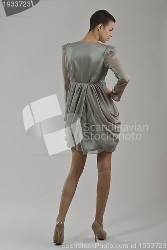 Image of elegant woman in fashionable dress posing in the studio