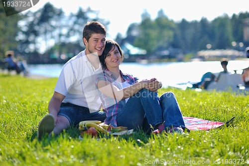 Image of happy young couple having a picnic outdoor