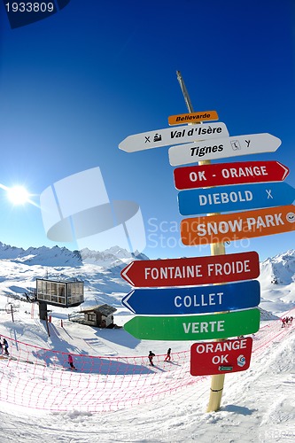 Image of Sign board at High mountains under snow in the winter