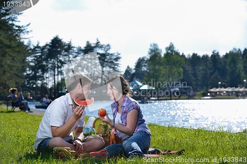 Image of happy young couple having a picnic outdoor