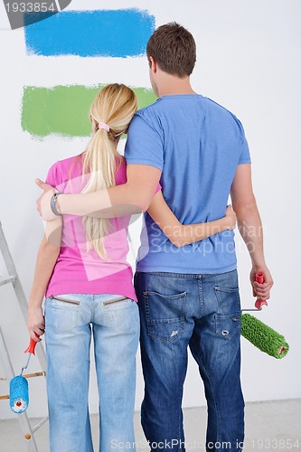 Image of happy couple paint wall at new home