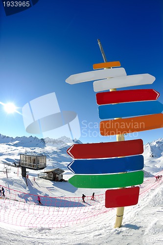 Image of Sign board at High mountains under snow in the winter