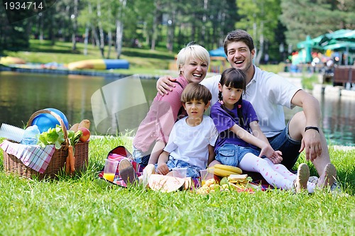 Image of Happy family playing together in a picnic outdoors