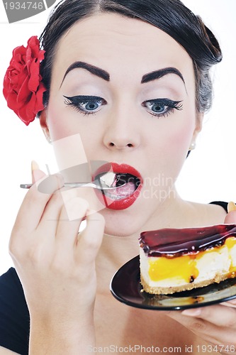 Image of pinup retro  woman with travel bag isolated