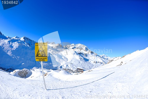 Image of Sign board at High mountains under snow in the winter