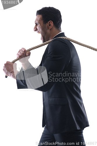 Image of business man with rope isolated on white background