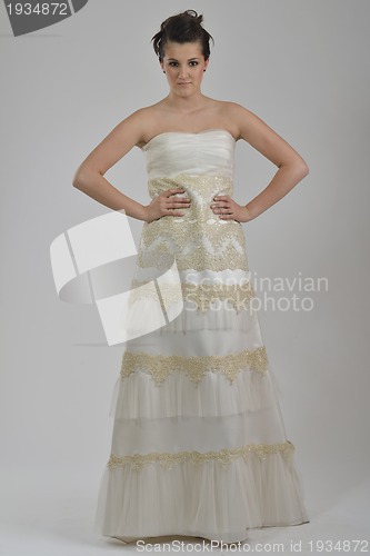 Image of elegant woman in fashionable dress posing in the studio