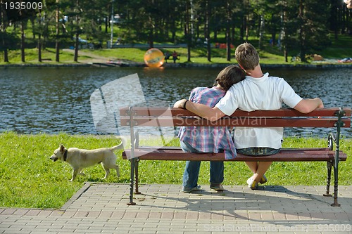 Image of romantic young couple in love together outdoor