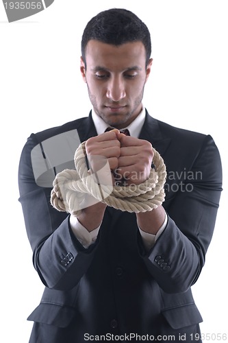 Image of business man with rope isolated on white background