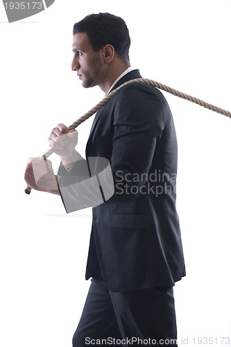 Image of business man with rope isolated on white background