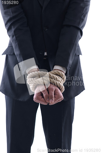 Image of business man with rope isolated on white background