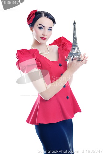 Image of beautiful young woman with paris symbol eiffel tower