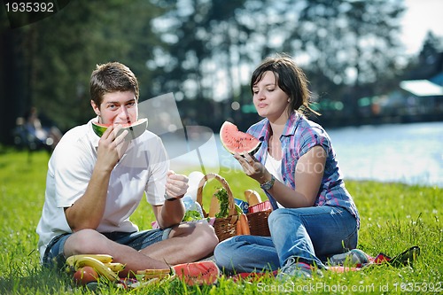 Image of happy young couple having a picnic outdoor