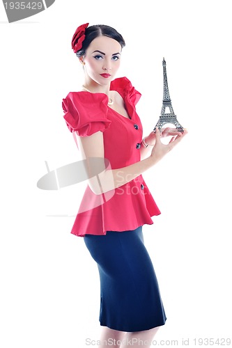 Image of beautiful young woman with paris symbol eiffel tower