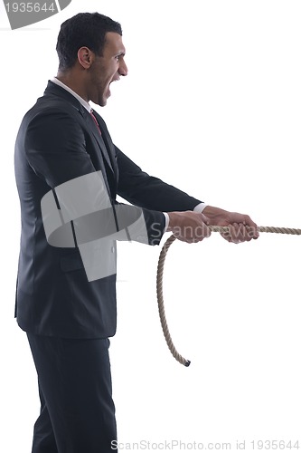 Image of business man with rope isolated on white background