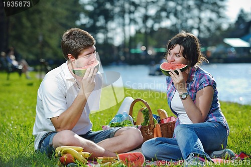 Image of happy young couple having a picnic outdoor