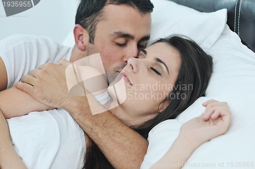 Image of young couple have good time in their bedroom