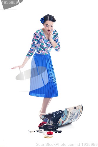 Image of pinup retro  woman with travel bag isolated
