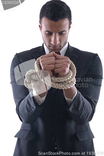 Image of business man with rope isolated on white background