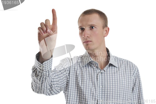 Image of handsome young business man touching screen isolated