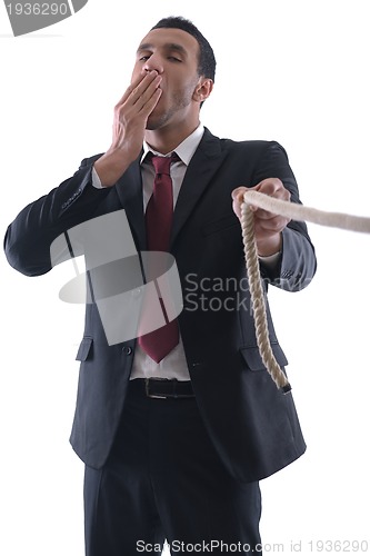 Image of business man with rope isolated on white background