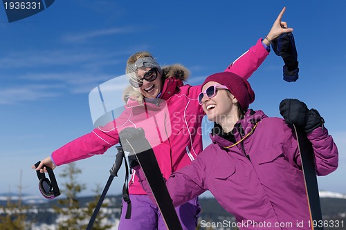 Image of winter season fun with group of girls