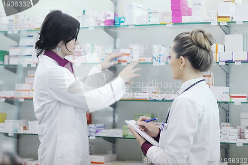 Image of team of pharmacist chemist woman  in pharmacy drugstore