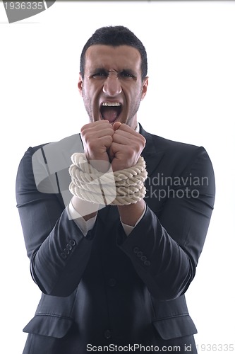 Image of business man with rope isolated on white background