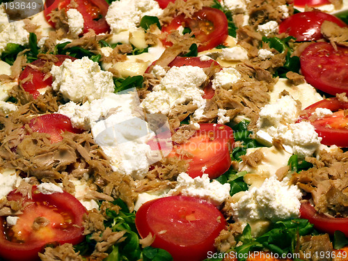 Image of Huge pizza topping close-up