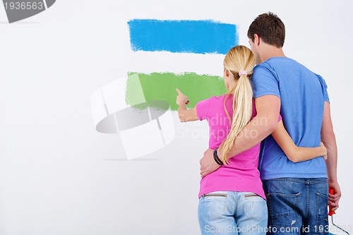 Image of happy couple paint wall at new home
