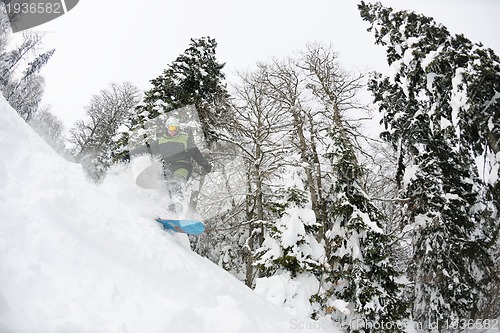 Image of snowboarder on fresh deep snow