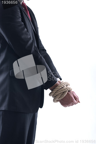 Image of business man with rope isolated on white background