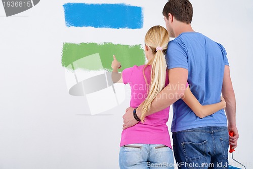 Image of happy couple paint wall at new home