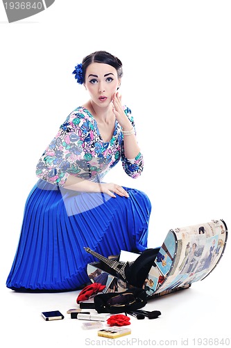 Image of pinup retro  woman with travel bag isolated