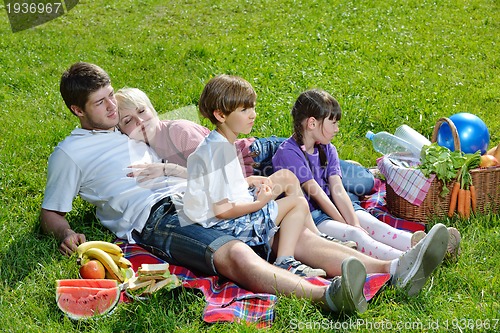 Image of Happy family playing together in a picnic outdoors