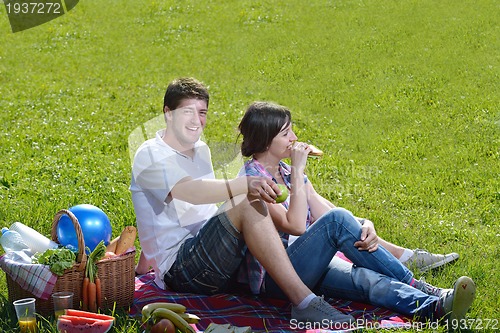 Image of happy young couple having a picnic outdoor