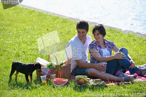 Image of happy young couple having a picnic outdoor