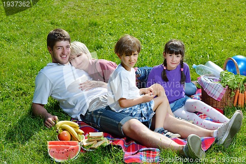 Image of Happy family playing together in a picnic outdoors