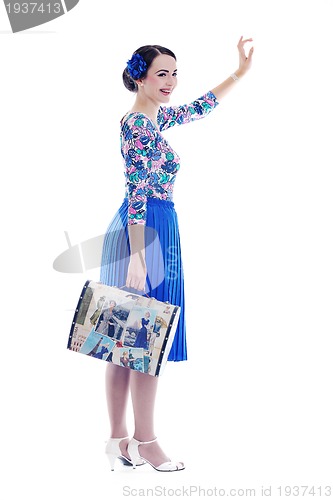 Image of pinup retro  woman with travel bag isolated