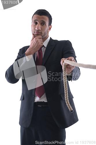 Image of business man with rope isolated on white background