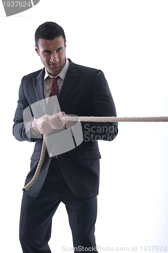 Image of business man with rope isolated on white background
