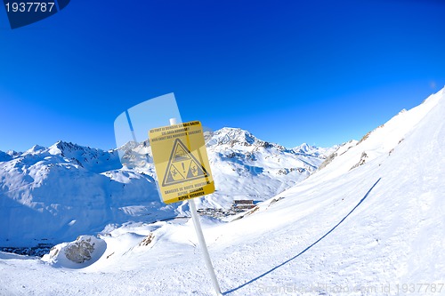 Image of Sign board at High mountains under snow in the winter