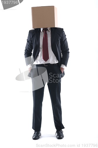 Image of business man with an box on his head