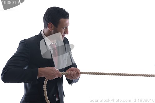 Image of business man with rope isolated on white background