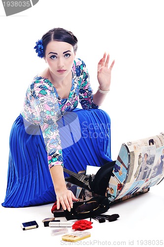 Image of pinup retro  woman with travel bag isolated